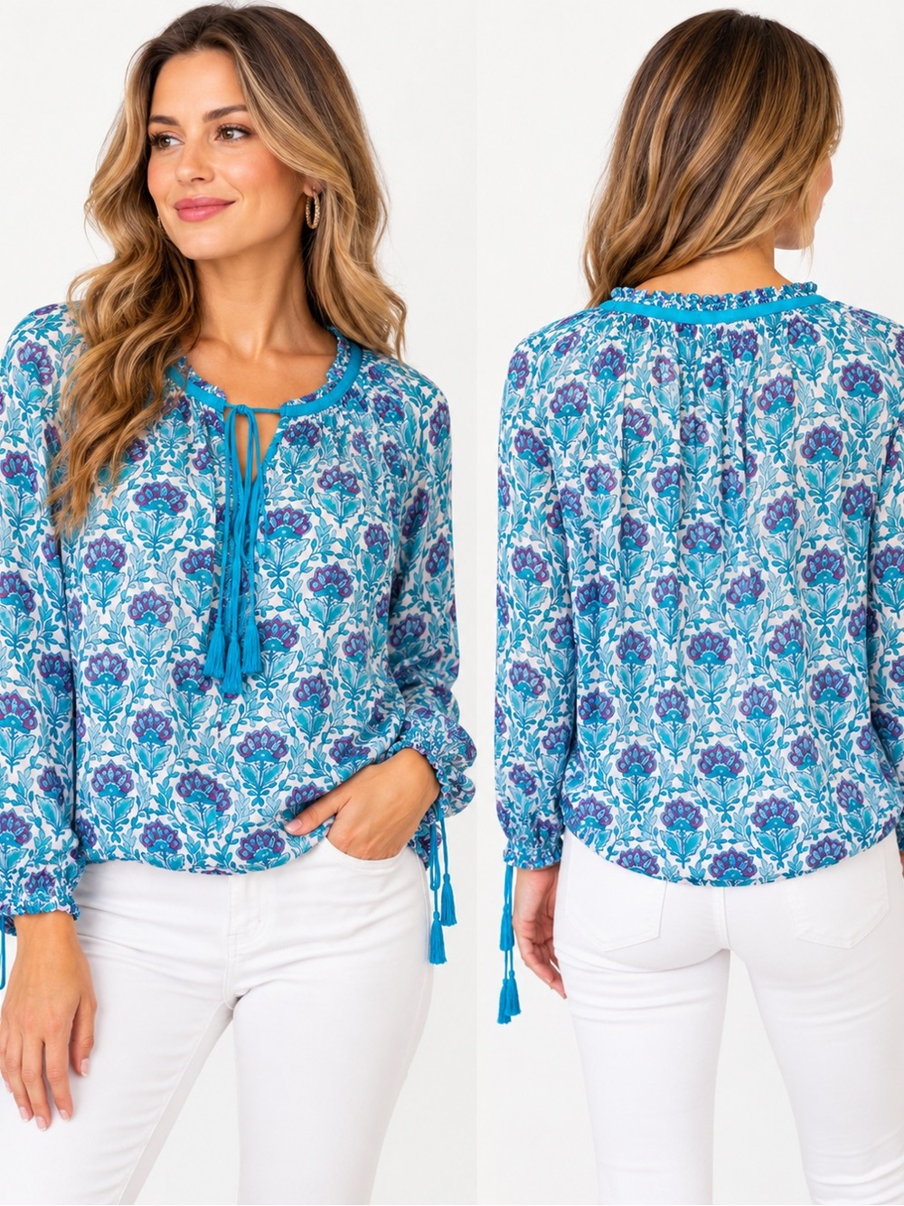 Buddha Sayulita Floral Boho Peasant Blouse Blue  Tassel Tie Top one size